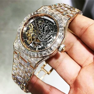 Luxury Square Yellow Gold Moissanite Watch | Quartz | ETA Mechanical | VVS Iced Skeleton Design | Stainless Steel Case |
