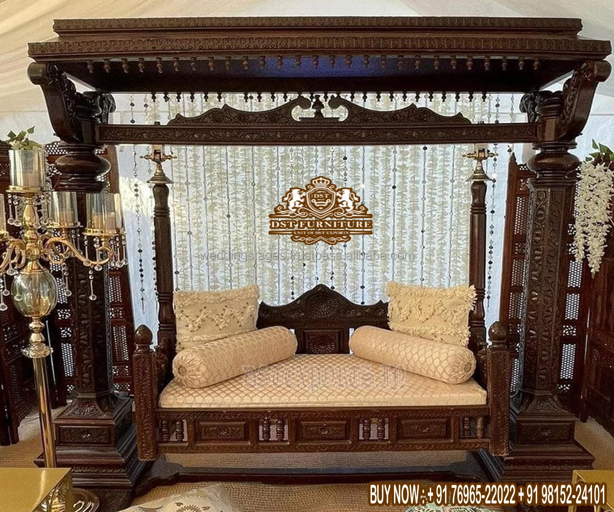 White Gold Teak Wood Jhula For Lobby Online Fully Hand Carved Teak ...