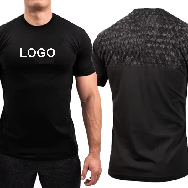 Custom Printing Stretch Breathable Grip Men's Slim Fit T-Shirts 90% Cotton 10% Spandex Sporty Gym Wear in Black Spring Season