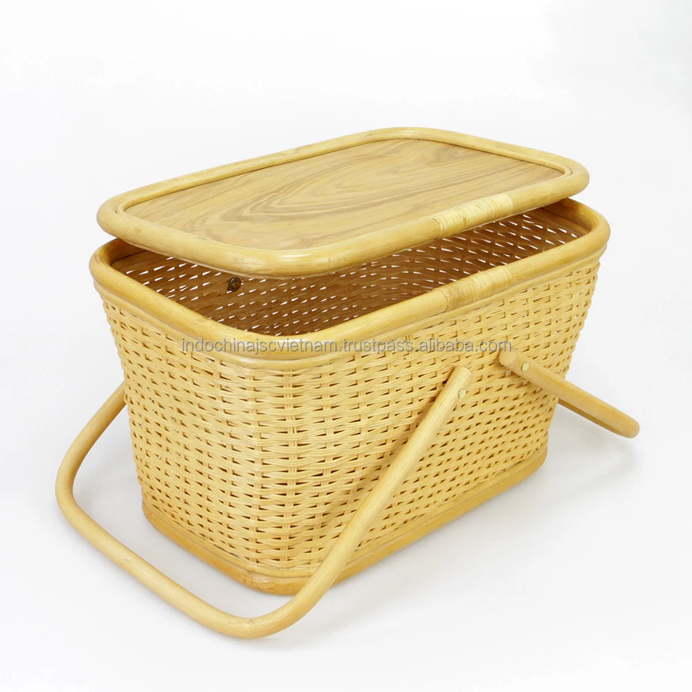 Wicker Rattan Picnic Basket With Wooden Lid / Storage Hand Basket