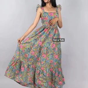 Block Print Summer Sleeveless Dress Cotton Travel Long Dress Handmade Elegant Square Neck Sleeveless Long Maxi Dress For Women