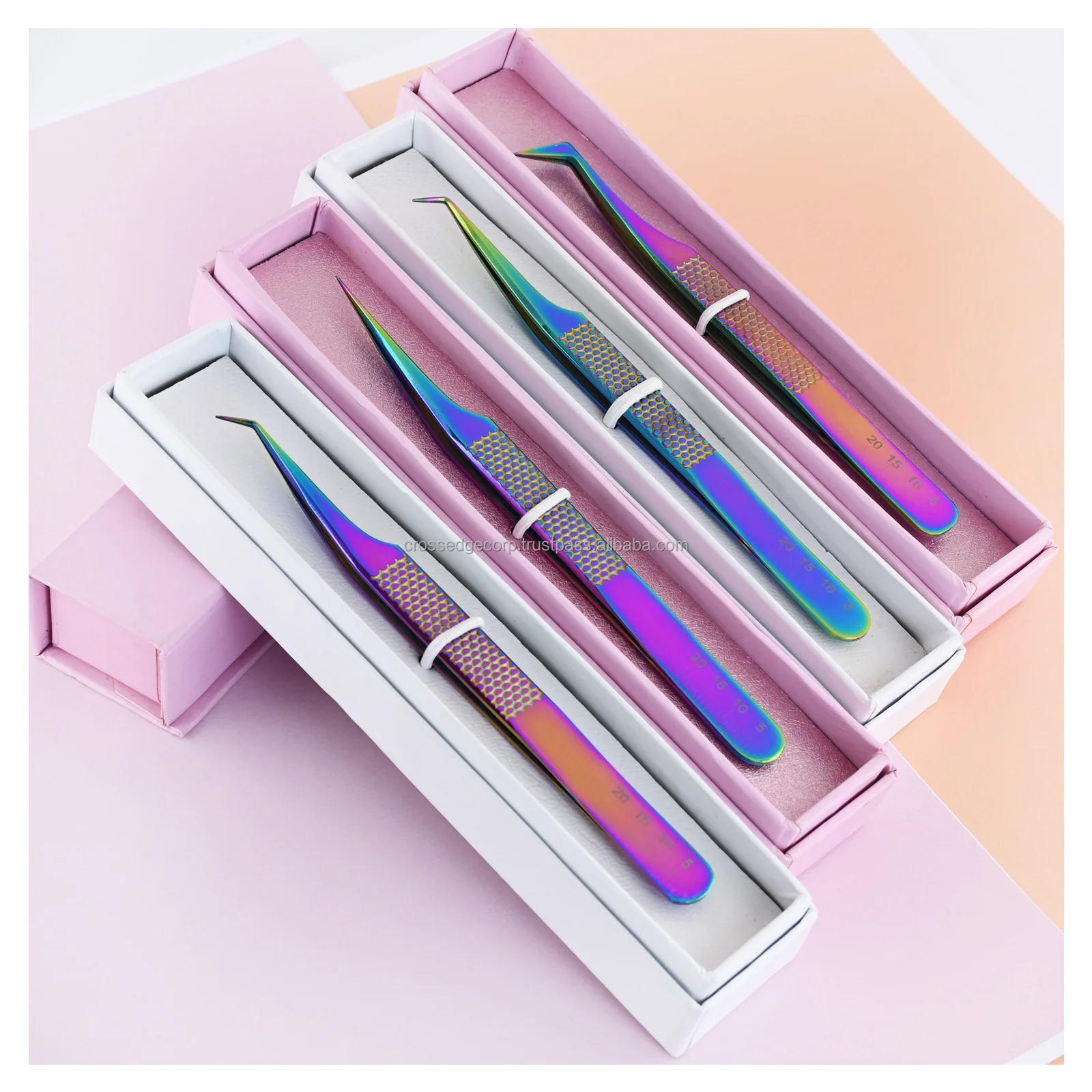 Fiber Tip Eyelash Extension Tweezers Custom Logo Pink Color Lash