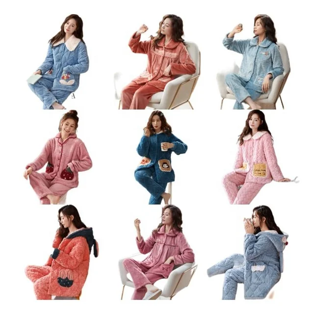 Wholesale Winter Long Sleeve Women Pajamas Coral Fleece Christmas Pajamas Soft Girl'S Sleepwear Solid Thick Pajamas Set