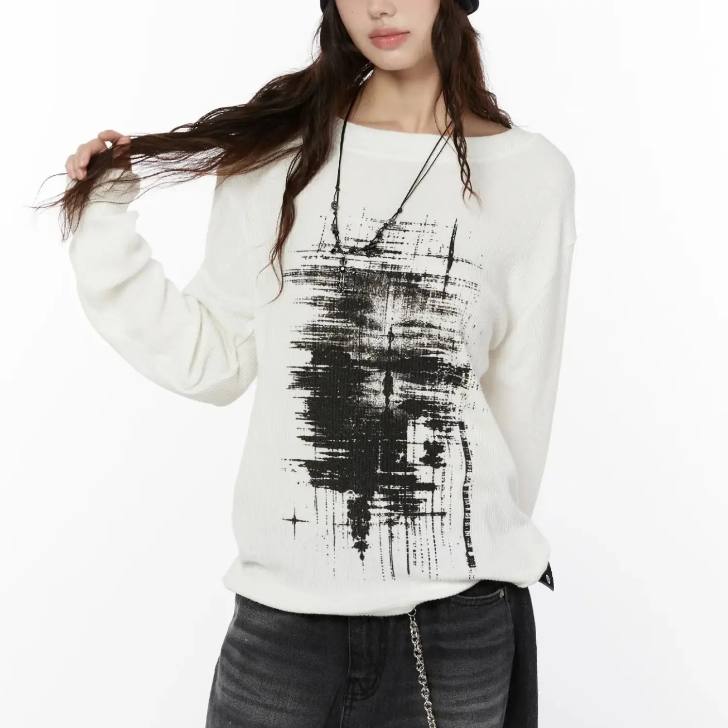 Womens White Knitted Sweater Distressed Graphic Long Sleeve Ribbed Pullover Jumper Oversized Y2K Grunge Streetwear Knitwear Tops