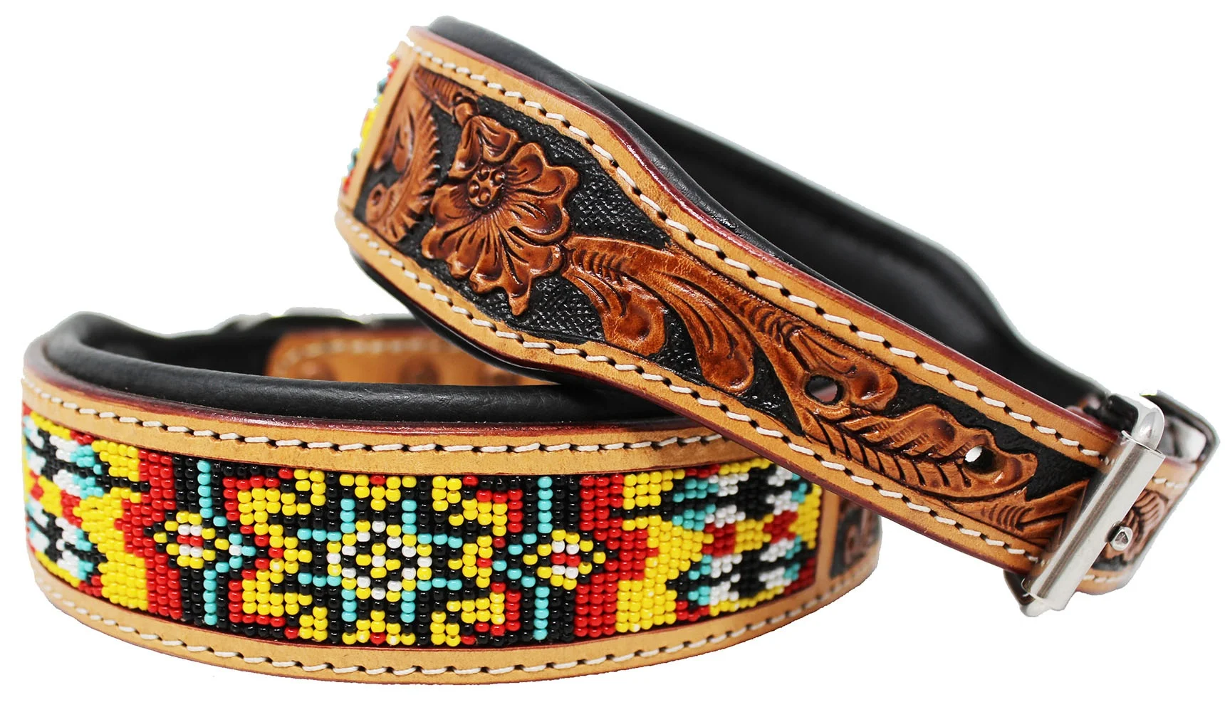 Soft Padded Cow Leather Beaded Dog Collar With Hand Tooling & Carving