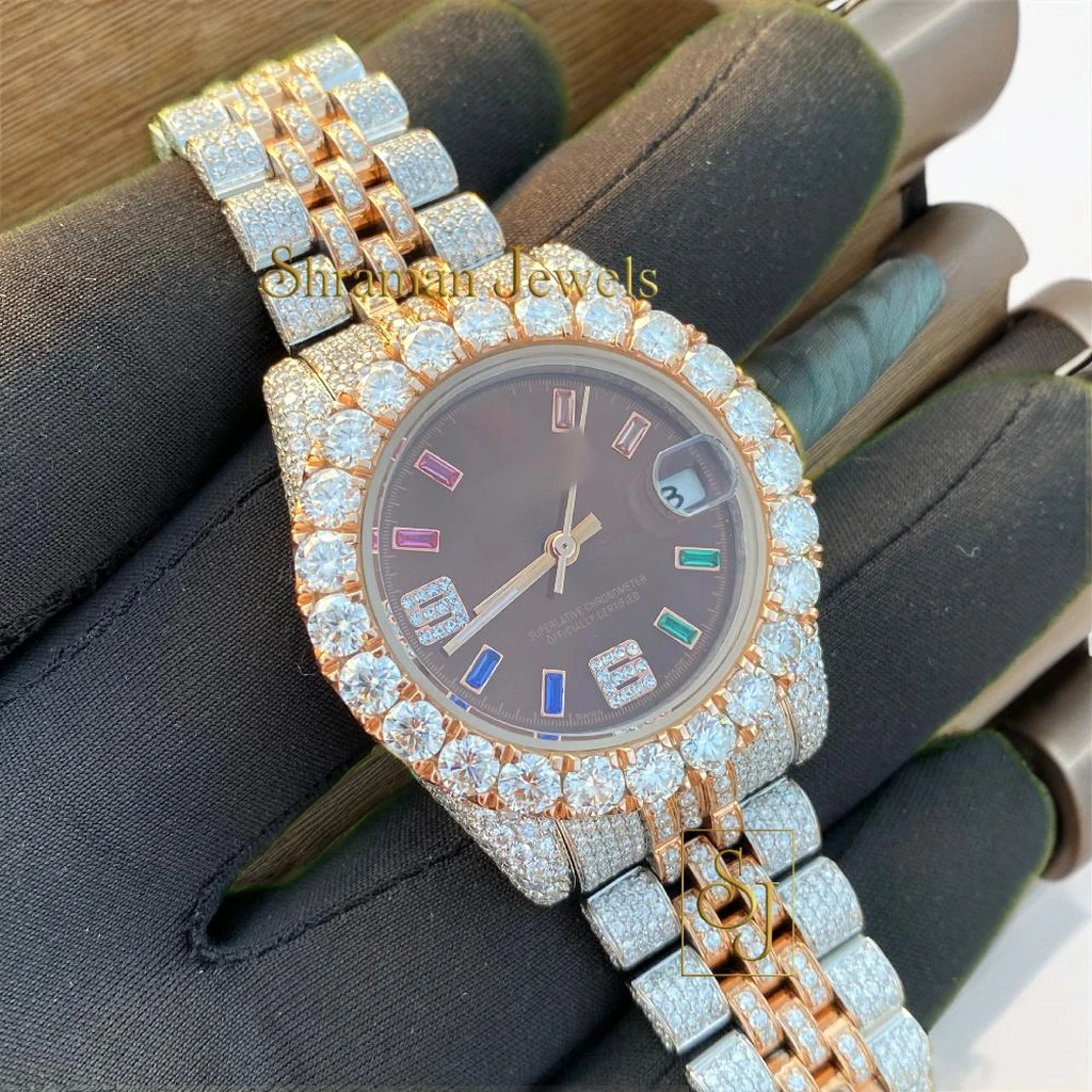 Lady Iced Out Watch With Moissanite & CZ Color Baguette Cutting & Round Brilliant Diamonds for Women Gifting Hip Hop Collection