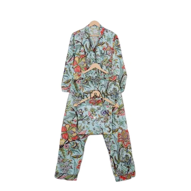 Indian Hand Block Cotton Pajama Set Stylish Fashion-Forward Night Wear for Women and Men Breathable 100% Cotton for Summer