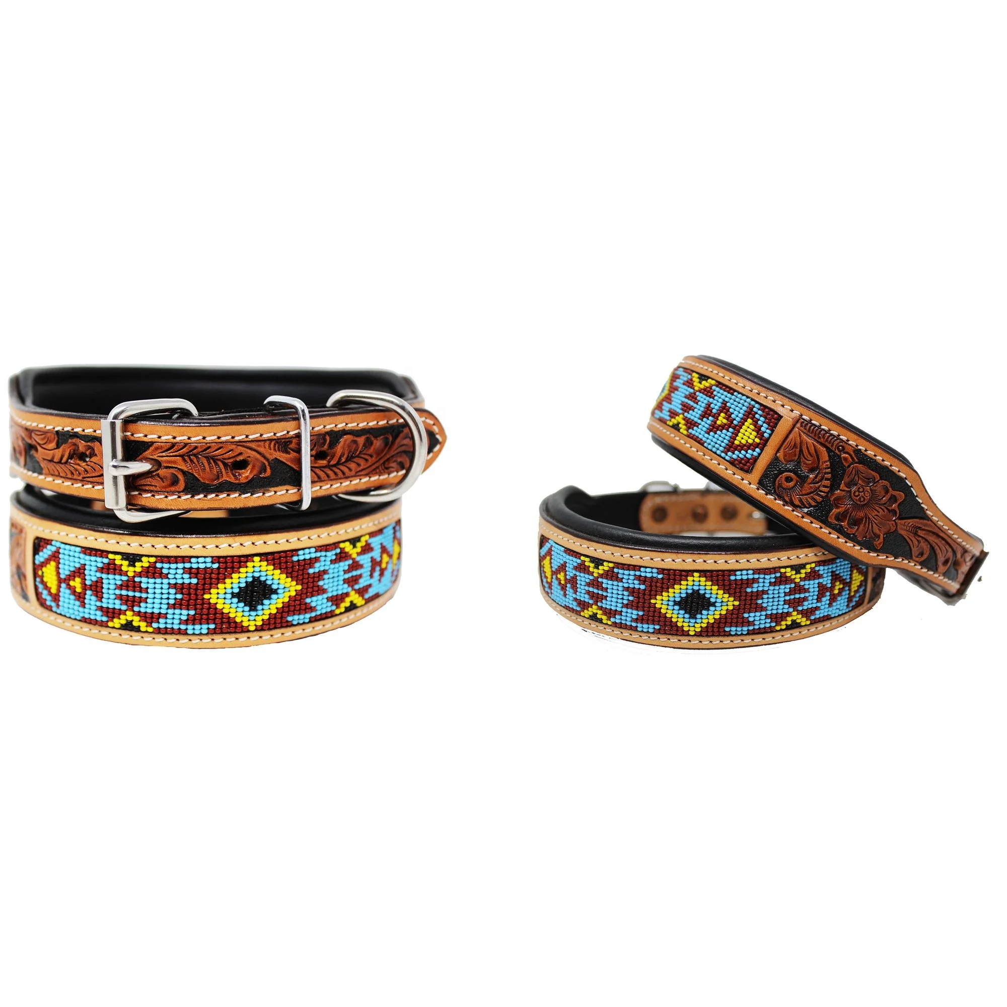 Cow Leather Soft Padded Dog Collars With Bead Work & Hand Tooled Design