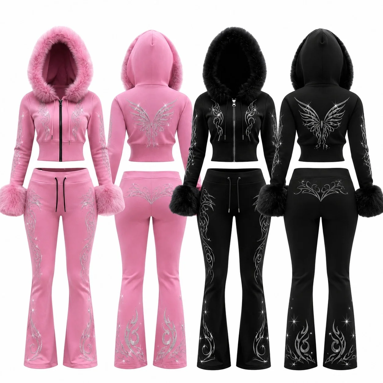 Custom Women Two Piece Tracksuit Set With Fur Hood Rhinestone Zip Up Hoodie Flared Pants Fashion Casual For Unisex Comfort Wear