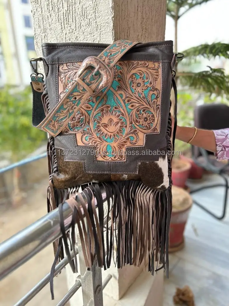 Real Handcrafted Tooled Fur Leather Fringe Handbag Stylish Women