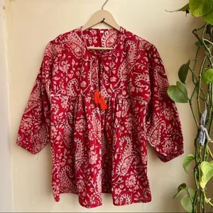 Hand Block Printed Cotton Floral Printed Top Tunic Bohemian Hippie Floral Print Long Sleeve Round Neck Casual Top For Women
