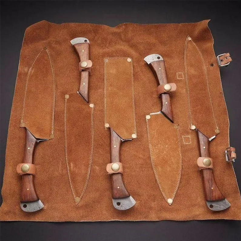 Набор кухонных ножей ручной работы из дамасской стали, набор из 5 кухонных ножей для барбекю, с кожаным чехлом