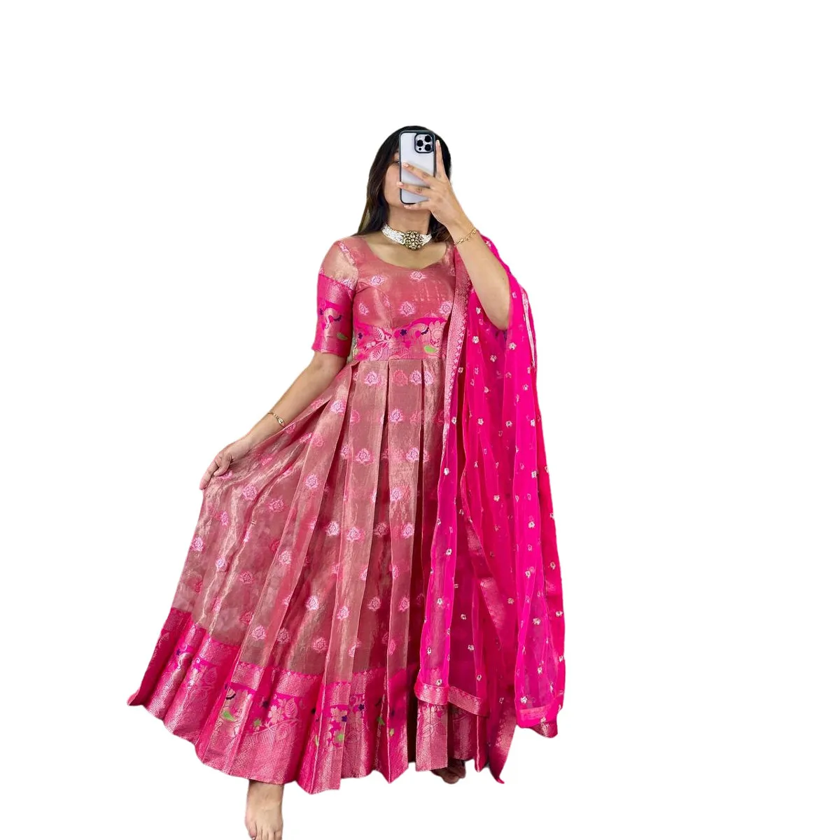 BOLLYWOOD KOTA SILK JACQUARD WEAVING WORK GOWN WITH DUPATTA PINK  Achkan/Sherwani, image size:1200x1200