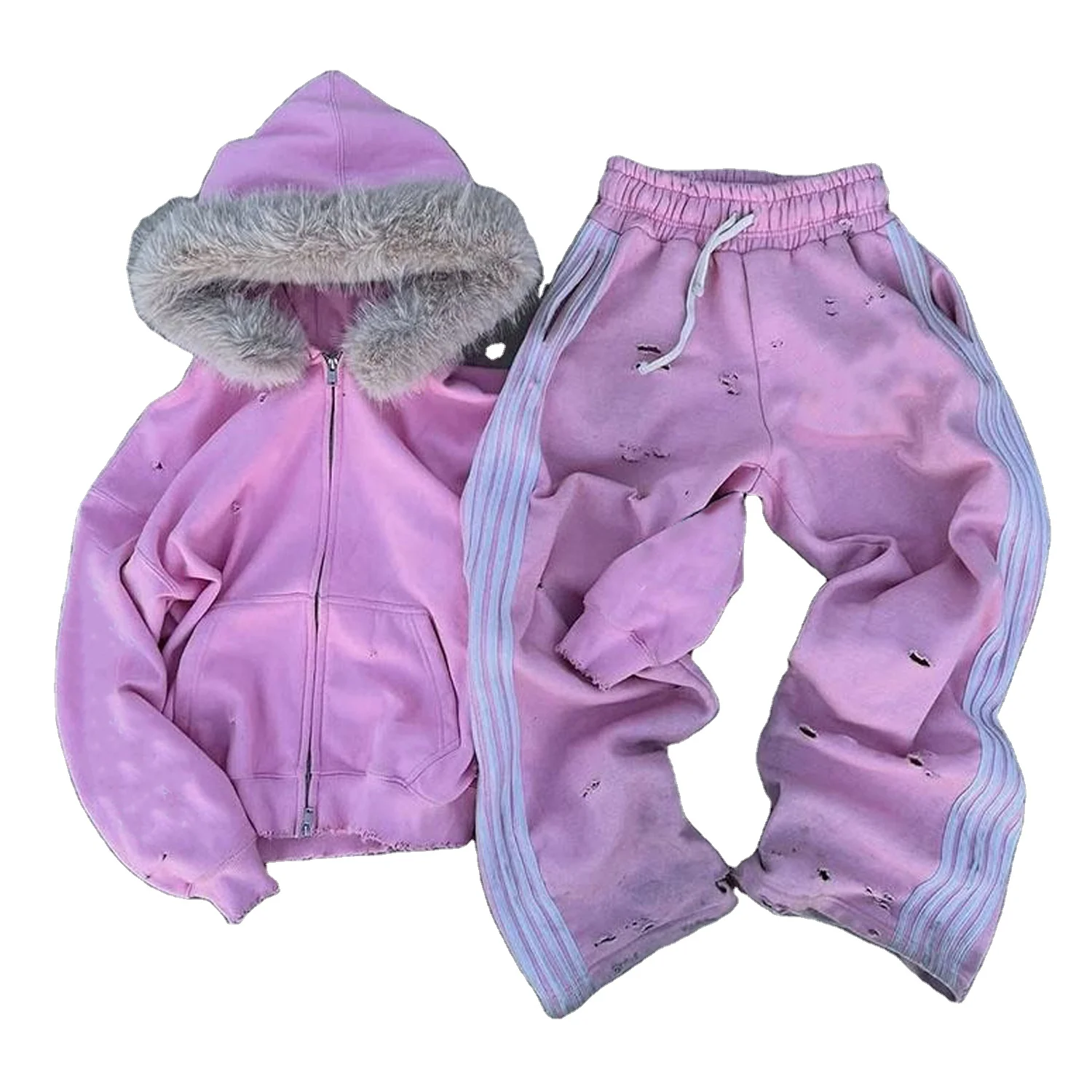 Glory Custom Men's Y2K Streetwear Vintage Pink Distressed Hoodie Set Wide Leg Sweatpants Faux Fur Trim Full Zip Tracksuit