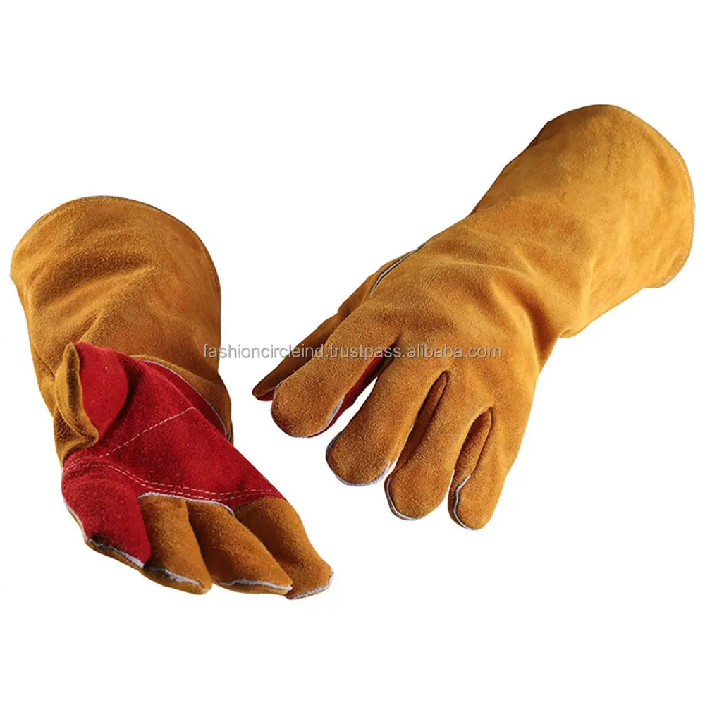 Custom Made Black Piping Red Welding Gloves/cheap Price Cow Split Leather Ab Grade 14 Inch