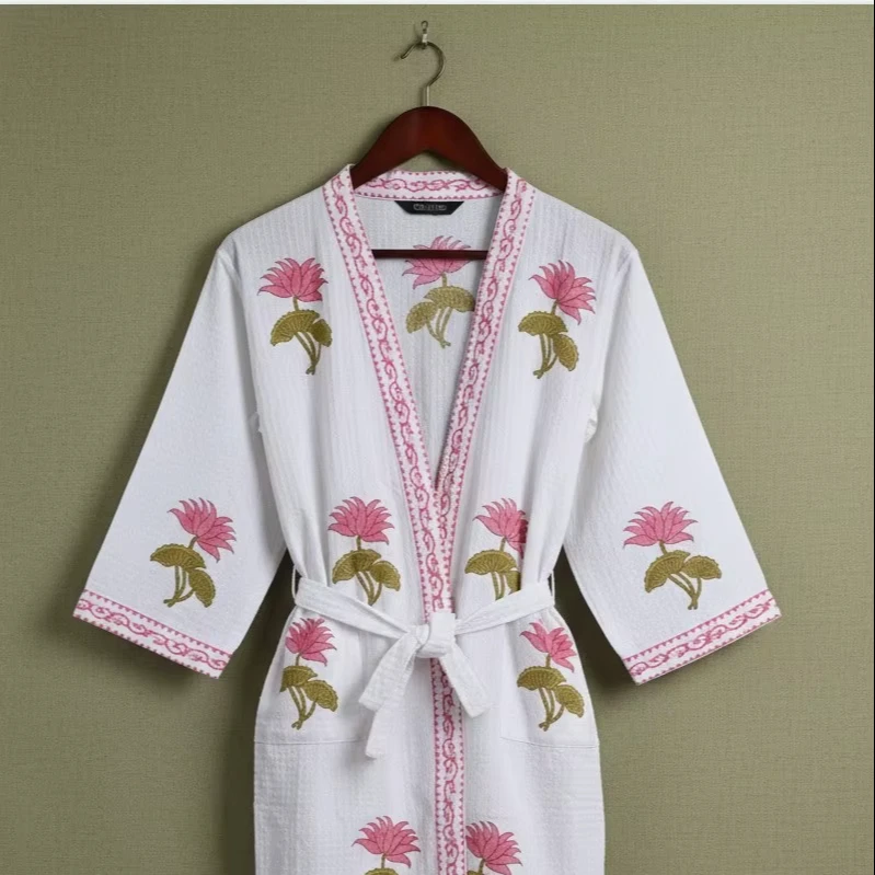 Unisex Organic Cotton Waffle Robe Hand Block Floral Printed Breathable Bridesmaid Bathrobe for Men and Women Sleepwear Kimono
