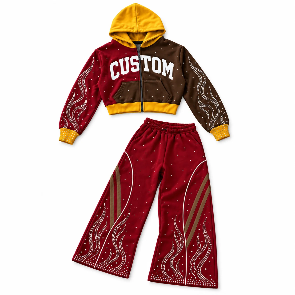 Custom Trendy 100% Cotton Fabric Tracksuit Set with Color Block Cropped Zipper Hoodie and Wide Leg Pants With Premium Rhinestone