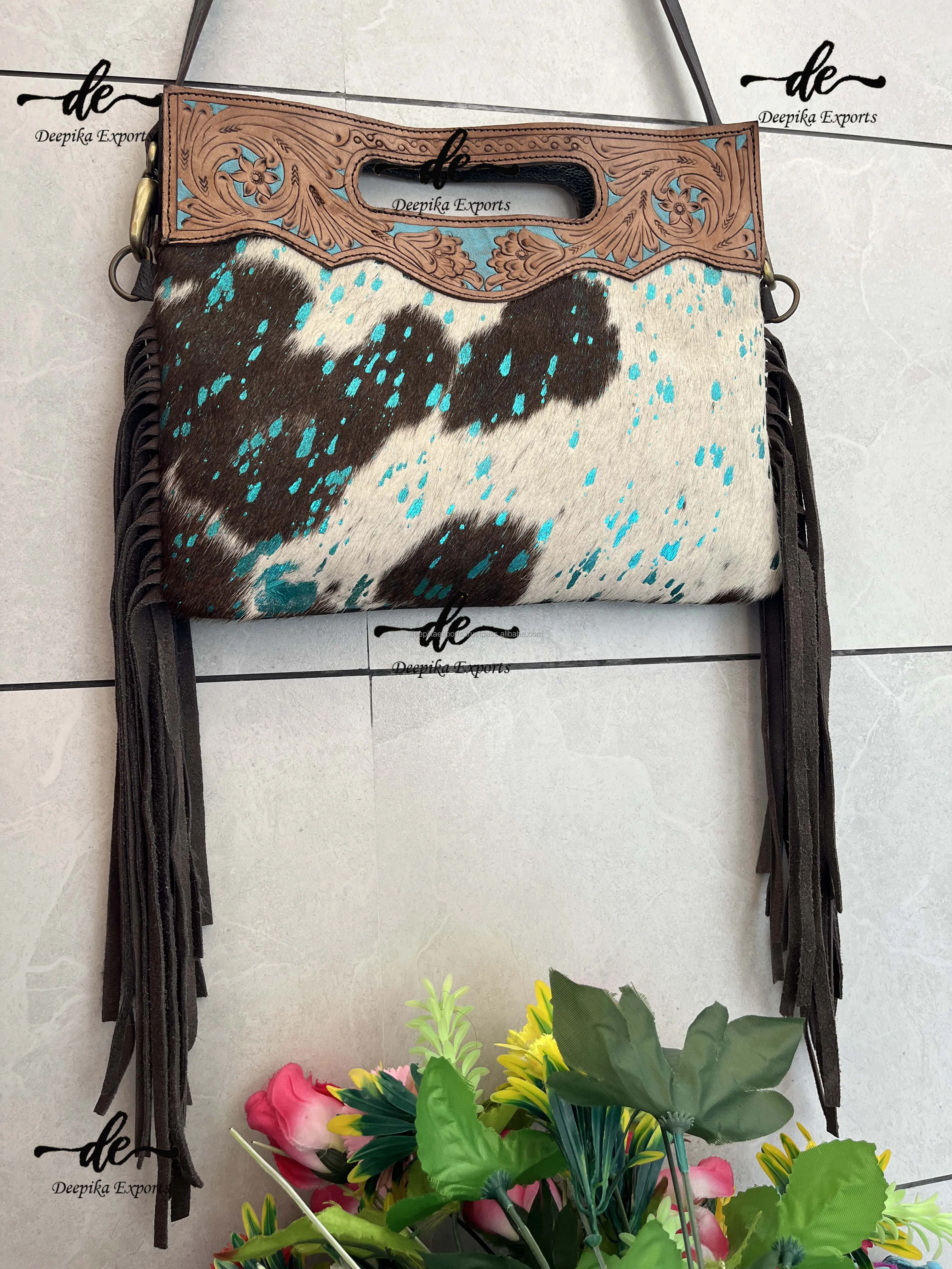 Metallic Fur Leather Fringe Handbag Hand Tooled Carving Sling Shopping