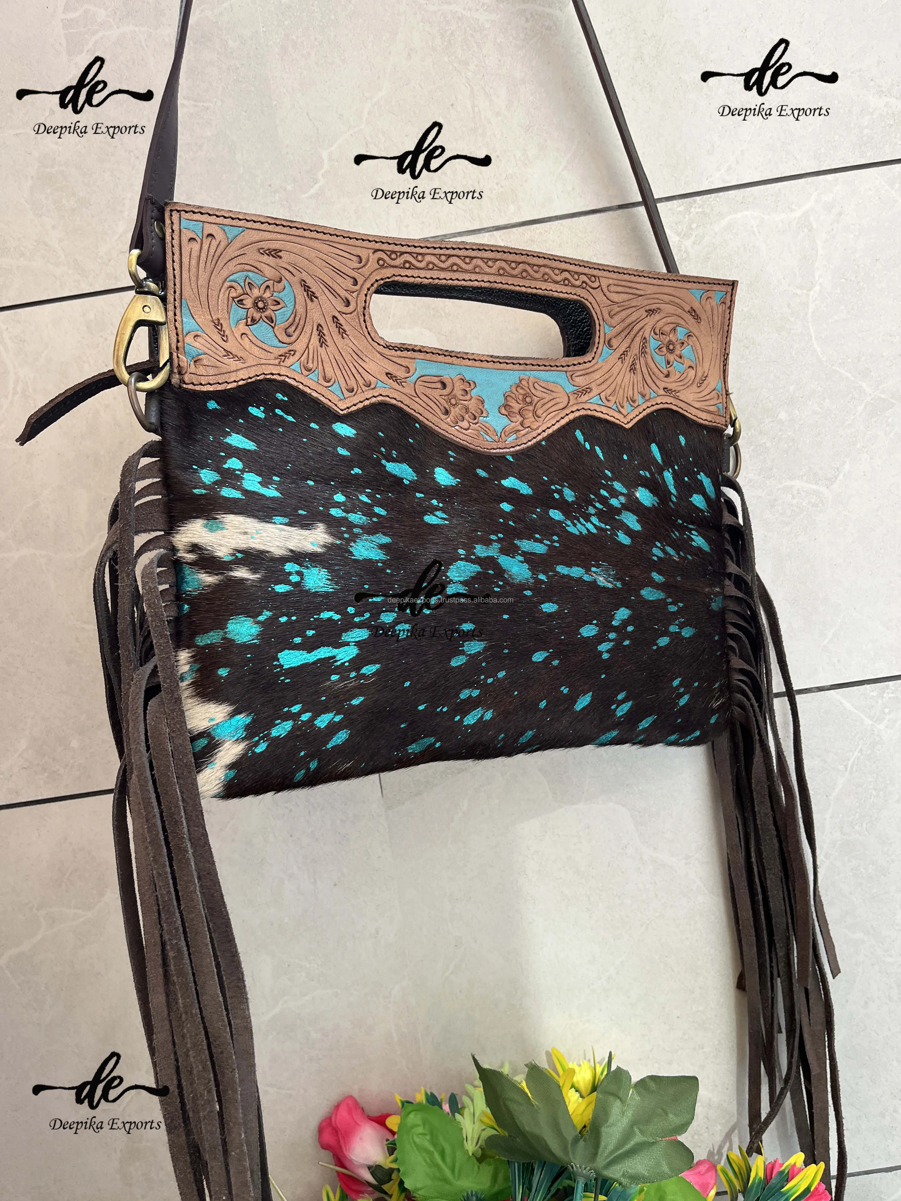 Metallic Fur Leather Fringe Handbag Hand Tooled Carving Sling Shopping