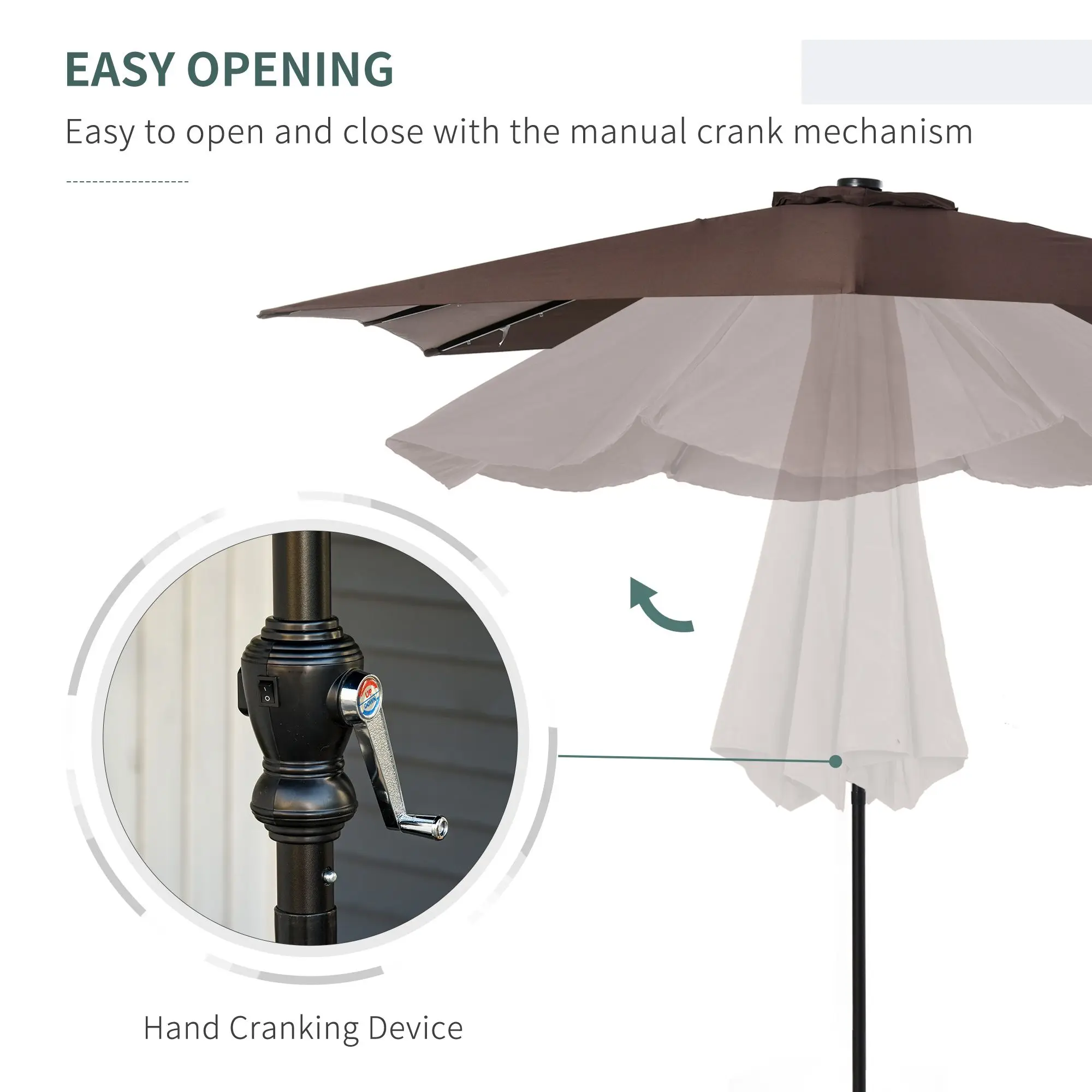 9 x 7 patio umbrella Outsunny Solar with LED Lights for Pool, Deck & Garden This umbrella has a square solar panel at the top 9' X 7' Outdoor Patio