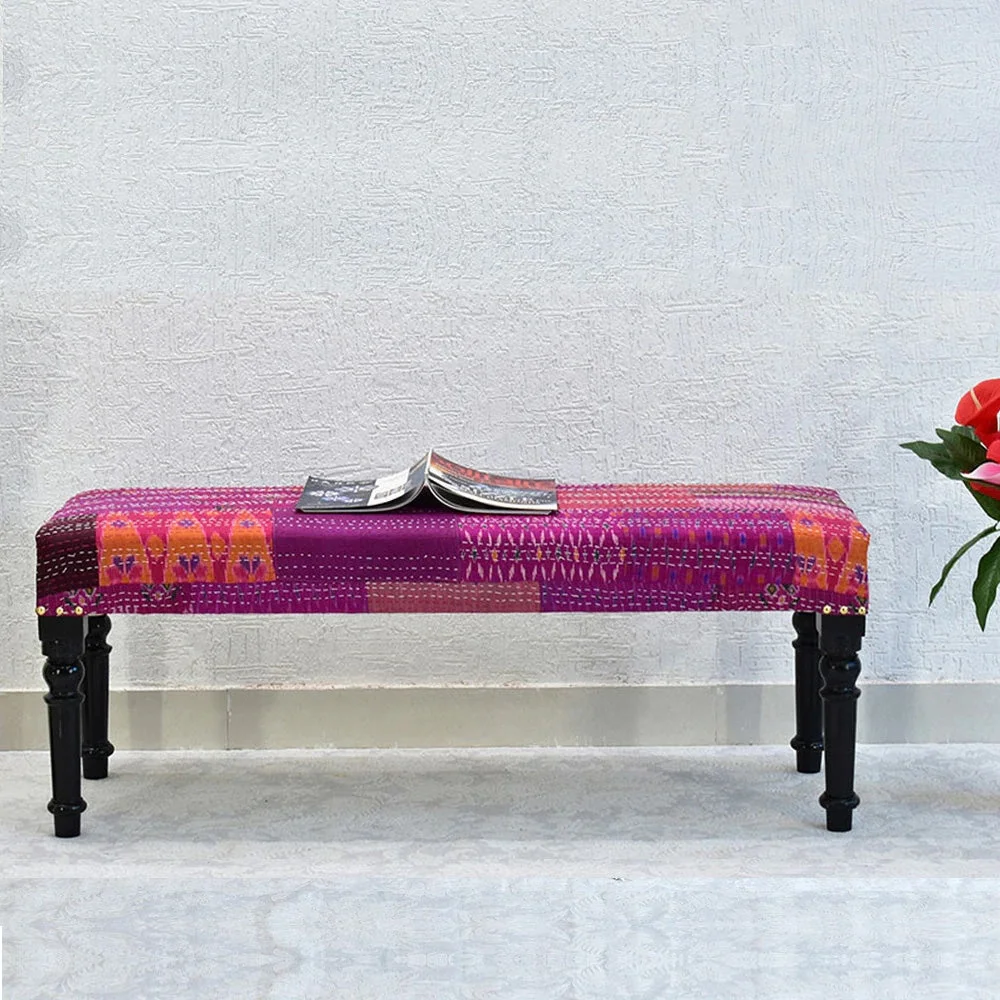 Latest Best Modern Design Multipurpose Joy Sitting Bench Settee with Pink Printed Kantha Gudri Patchwork Upholstery Bench