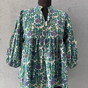 Casual Women's Blue Blouse Top Block Printed Floral Design V-Neck Collar Embroidered Logo Soft Cotton Billowy Sleeves