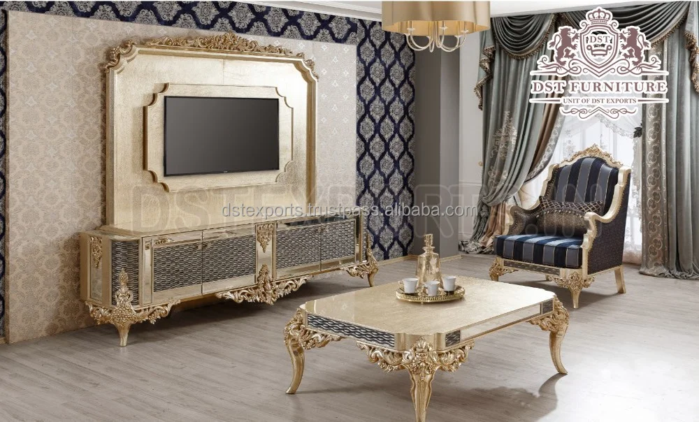 Traditional TV Wall Unit in Walnut Finish Antique Handcrafted TV Wall Unit Furniture Classic Baroque Style TV Unit Furniture