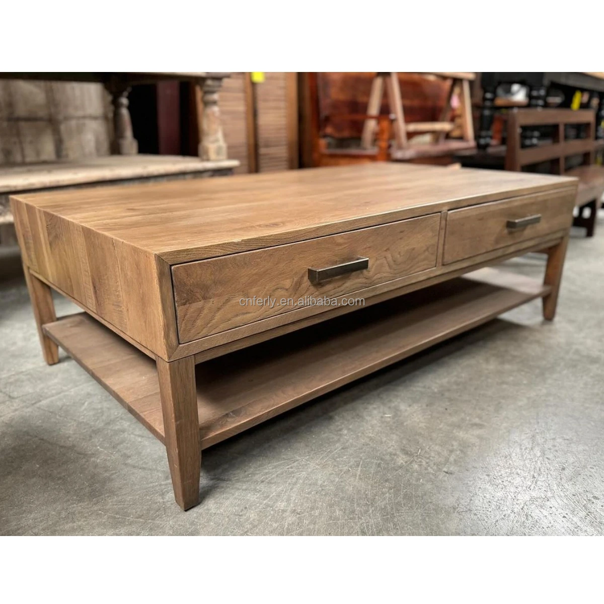 FERLY European and American Modern Style Weathered Wooden Furniture Indoor Solid Wood with Shelves Coffee Table