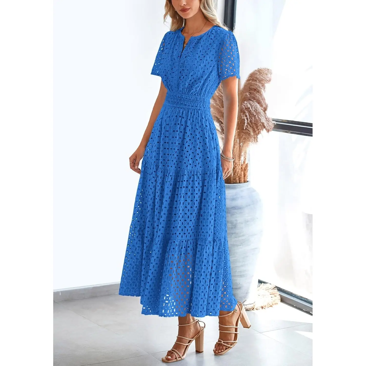 Women's Summer 2025 Maxi Dress V-Neck Hollow Eyelet Line Short Sleeve Long Flowy Beach Vacation Belt XS Size B0DJ2TW6KG