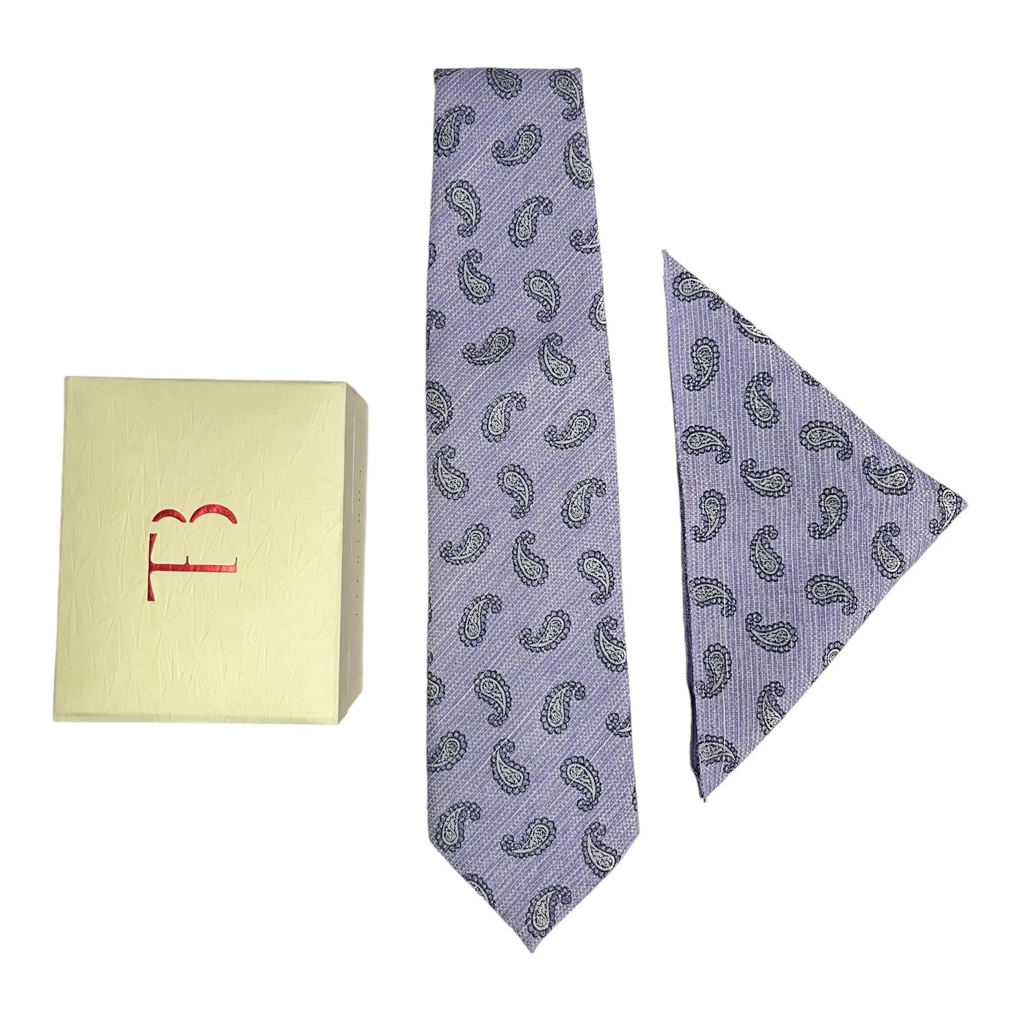 Tie Benon Paisley Broad Pattern Women's Plus Size Cashmere Tie and Pocket Square Combo Set in Lavender Maroon Blue