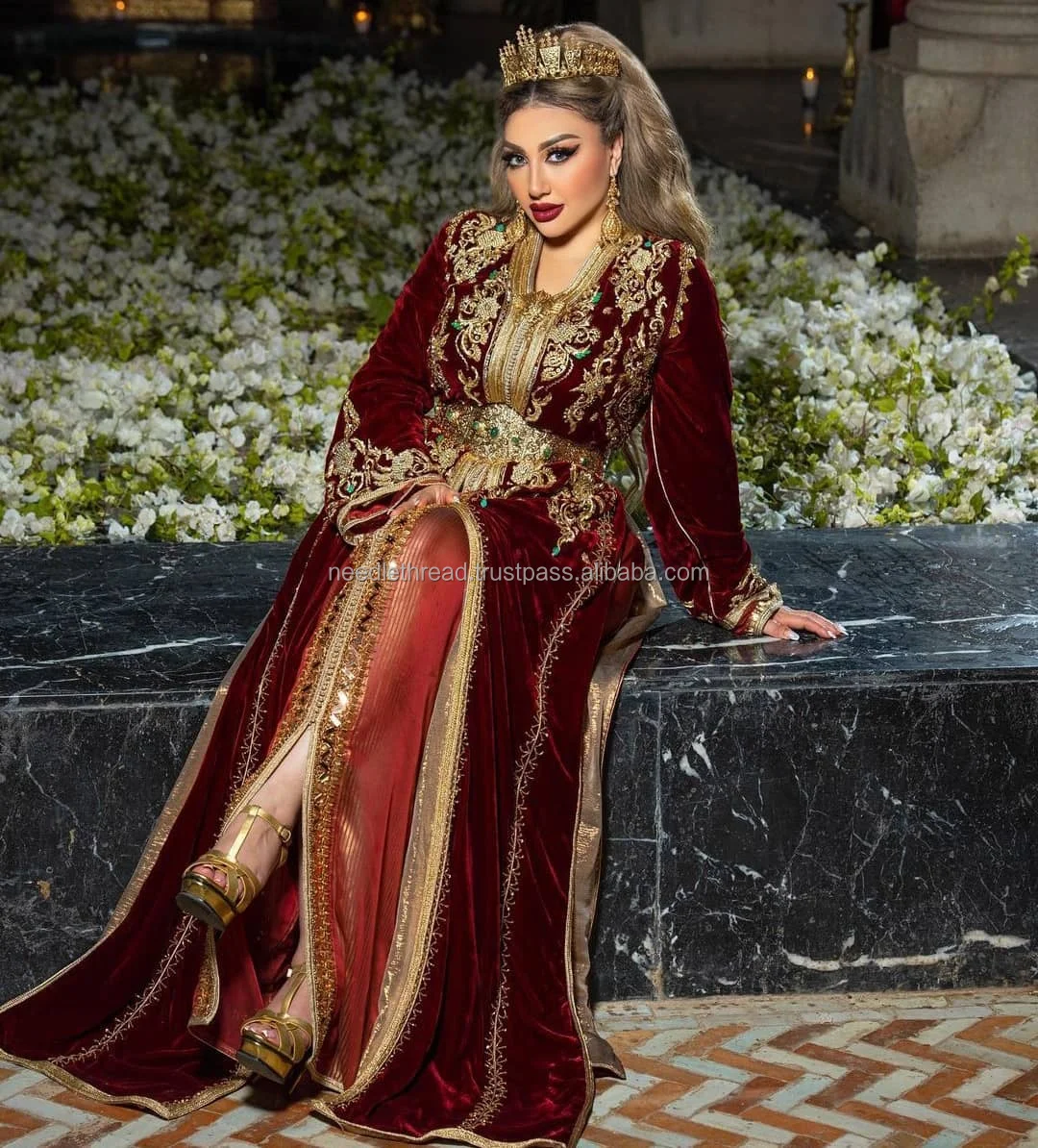 Velvet And Silk Moroccan Caftan With Golden Hand Work On It For Wedding ...