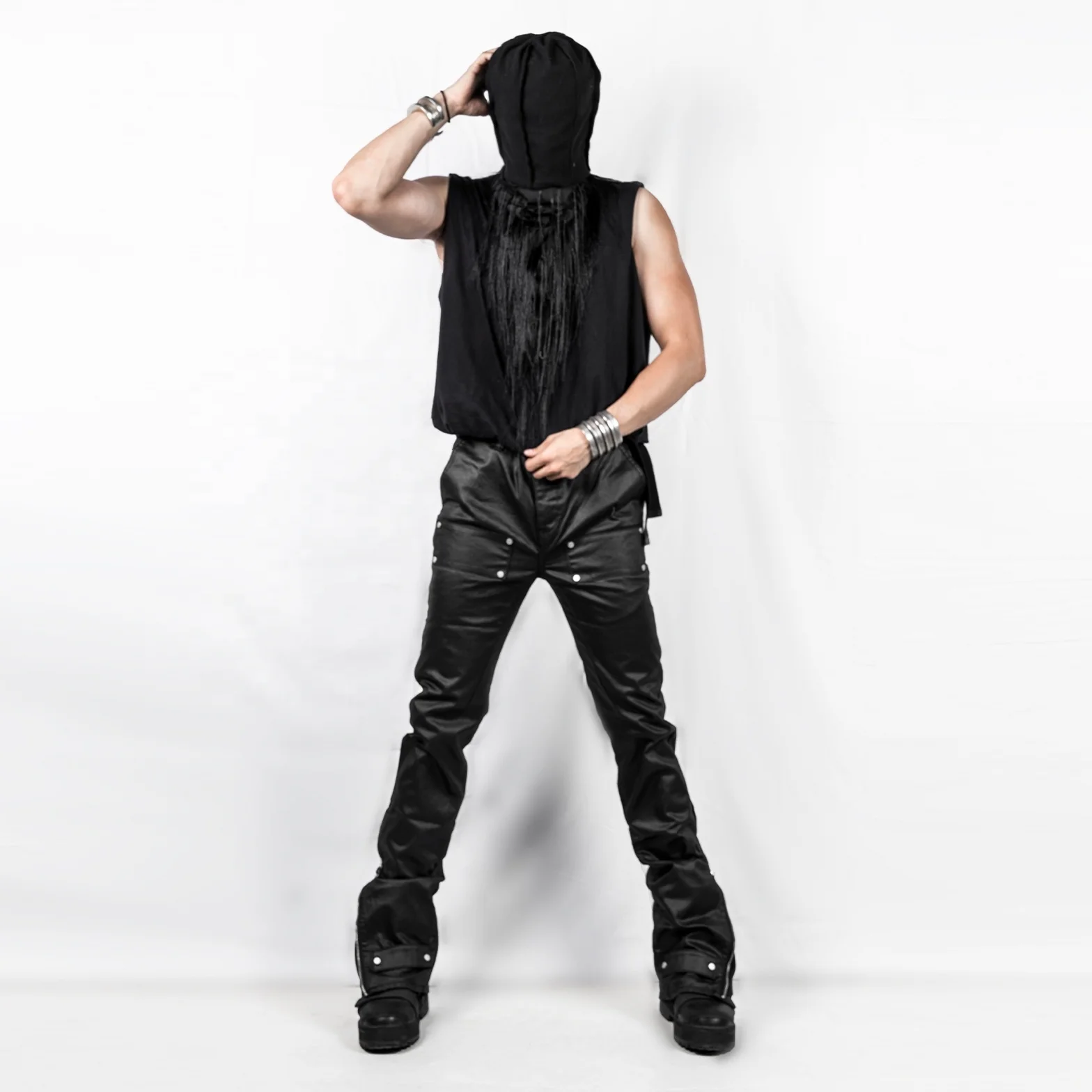 Shop Custom Black Flare Pants - Waxed Denim Cargo Pants