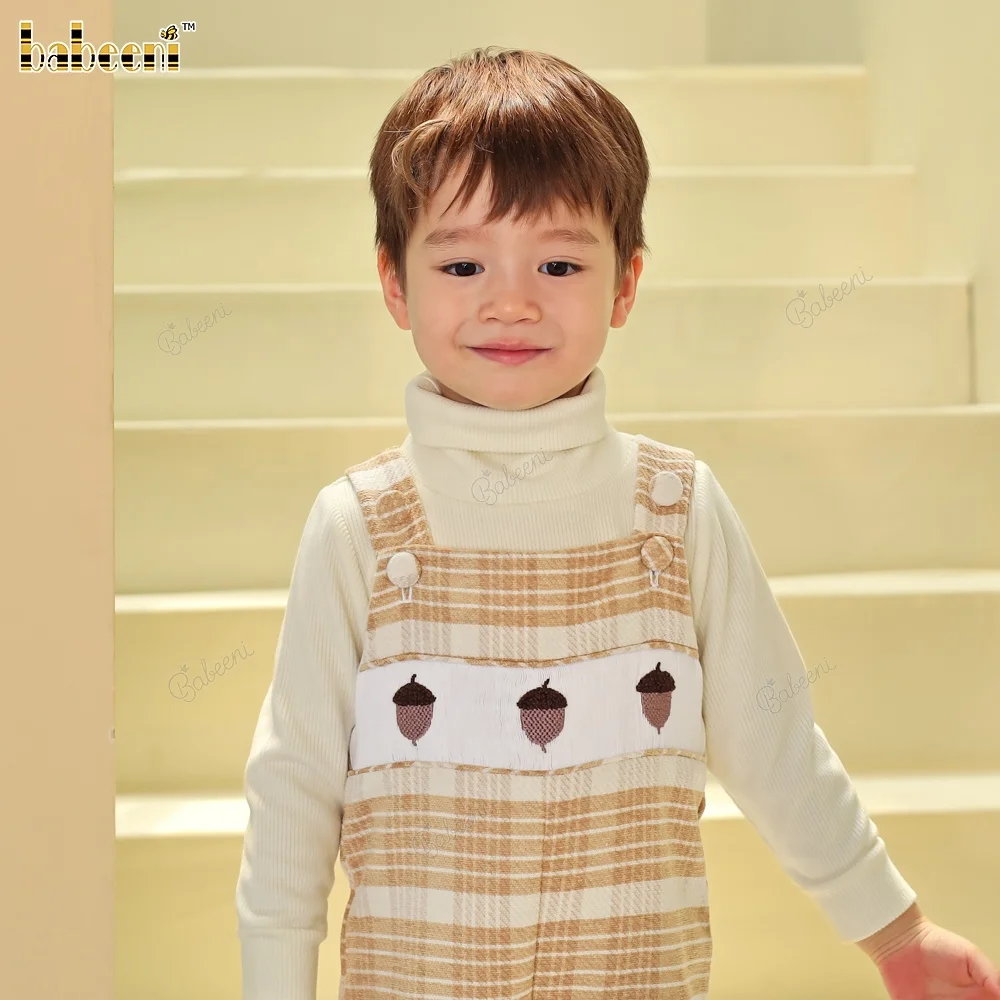 Plaid Wool Longall Boy Set with Smocked Panel and Ribbed Turtleneck ODM OEM boys clothing set wholesale baby romper - BC1340