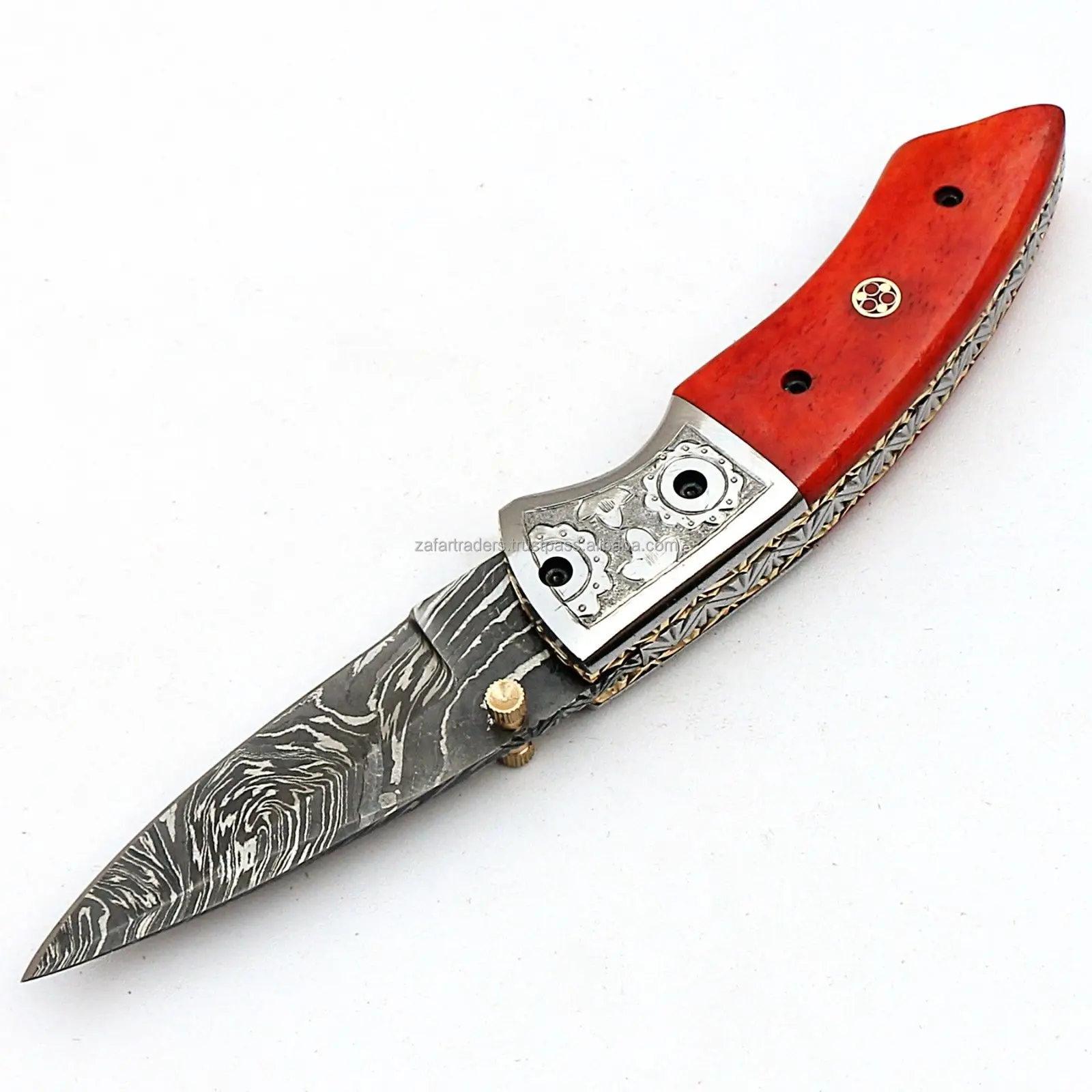 Red Custom Knives ZR ZT-F14 Industrial Grade Damascus Custom Handmade Folding Knife Red ...