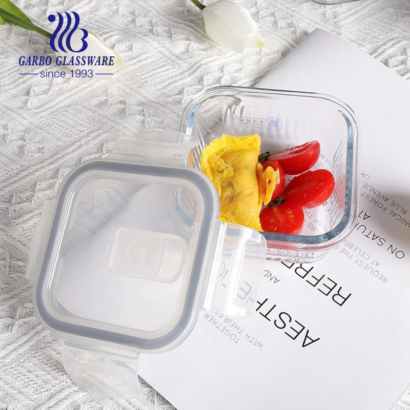 800ml Glass Lunch Box Square Shape Glass Food Storage Container Office Use Oven Safe 6inch Glass Lunch Box with Lid