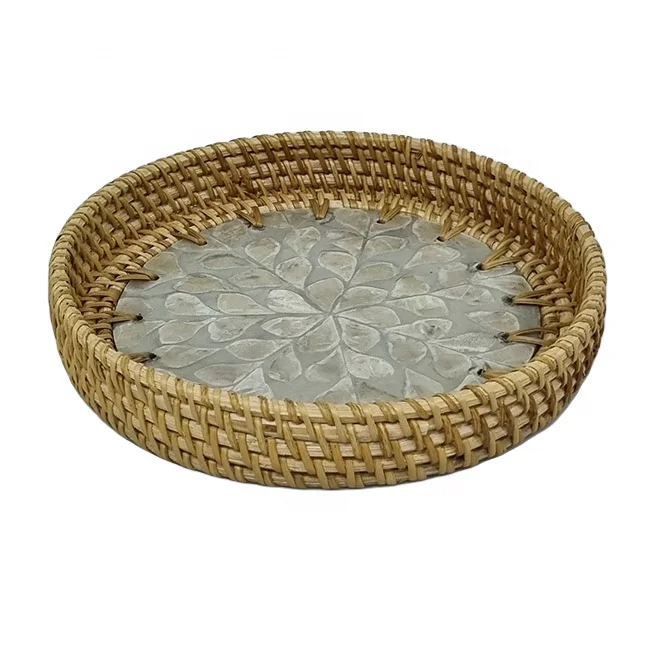 Rattan Serving Tray With Mother Of Pearl Decorative Wicker Baskets ...