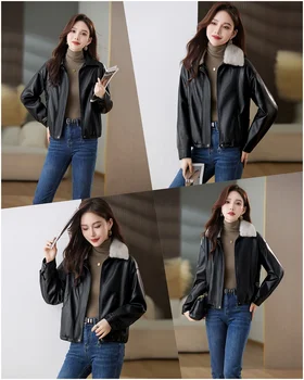 Wholesale new high quality luxury vintage glamour Light leather Pilot bomber jacket cut collar outdoor women ladies