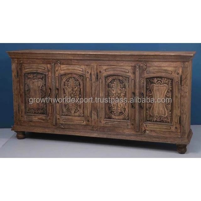 Antique Handmade Wooden Carving Sideboard with 4 Door Vintage Design Brown Finish Furniture Storage Living Room Home Furniture