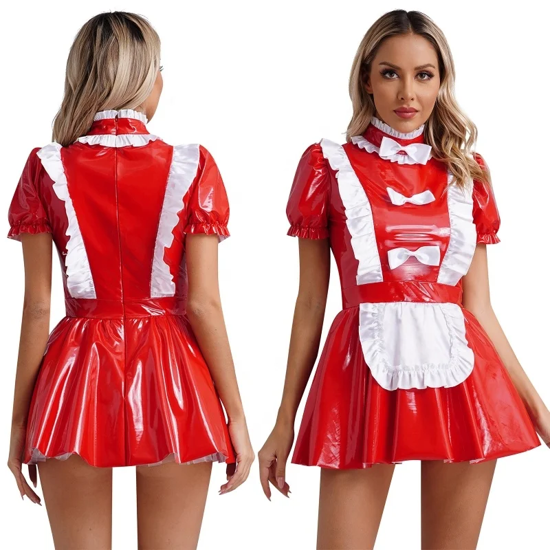 Womens Sexy Maid Lingerie Glossy Patent Leather Maid Dress A-Line Dress Naughty Maid Uniform Clubwear Womens Sexy Maid Lingerie Glossy Patent Leather Maid Dress A-Line Dress Naughty Maid Uniform Clubwear