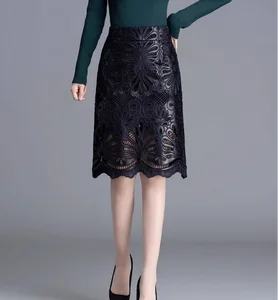 2026 F/W Women's Luxury Fashion Laser Embroidery Hollow Lace Leather High Waist Hip Skirt Mid-length Slim One-step Short Skirt