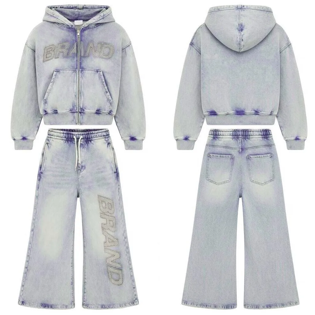 Custom Premium Rhine Stone Zipper Crop Hoodie Baggy Trouser Acid Wash Printed Unisex Tracksuit High Quality Material Casual