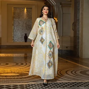 Abaya Women Muslim Dress 2023 Dubai V-neck Hollow Long Sleeve Embroidered Sequin Decoration Dubai Abaya Wholesale