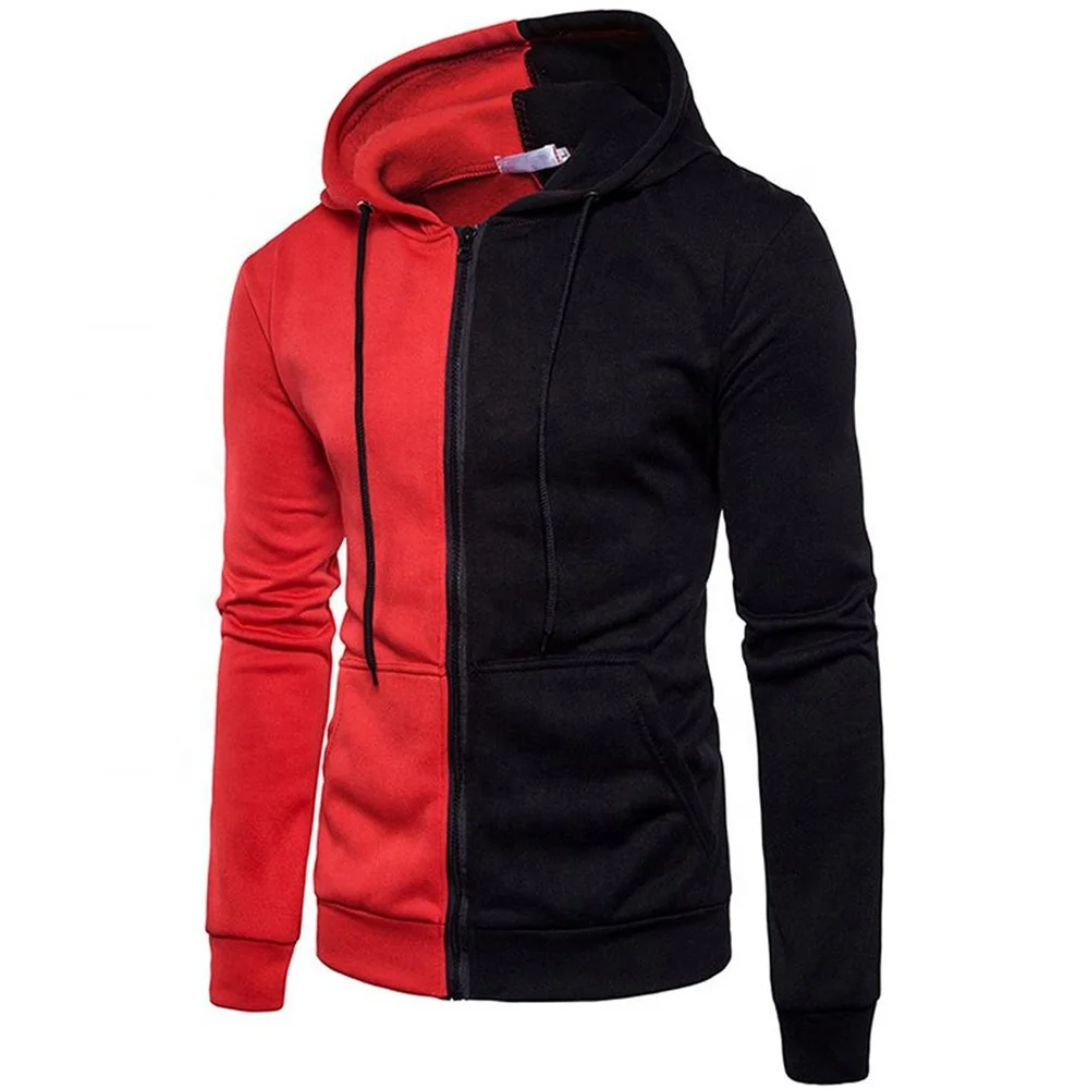 Mens Custom Brand Simple Stylish Warm Long Sleeve Kangaroo Pockets Two Tone Zipper Hoodie