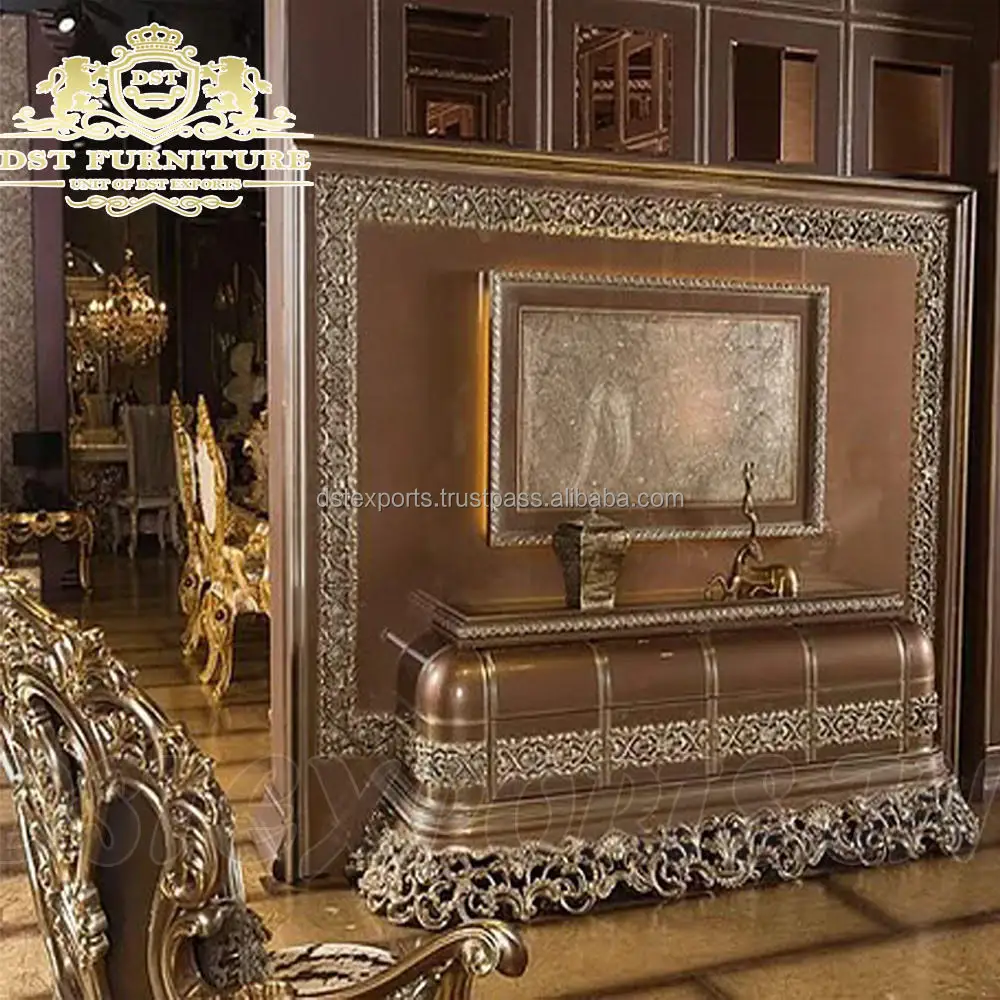 Traditional TV Wall Unit in Walnut Finish Antique Handcrafted TV Wall Unit Furniture Classic Baroque Style TV Unit Furniture