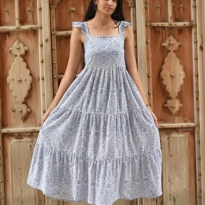 Cotton Block Printed Maxi Dress White Solid Knitted Summer/Winter/Autumn Season Sustainable Style Gift for Her