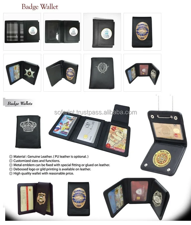 Genuine Leather Tri Fold Badge Holder Wallet Black, Police Badge Holder