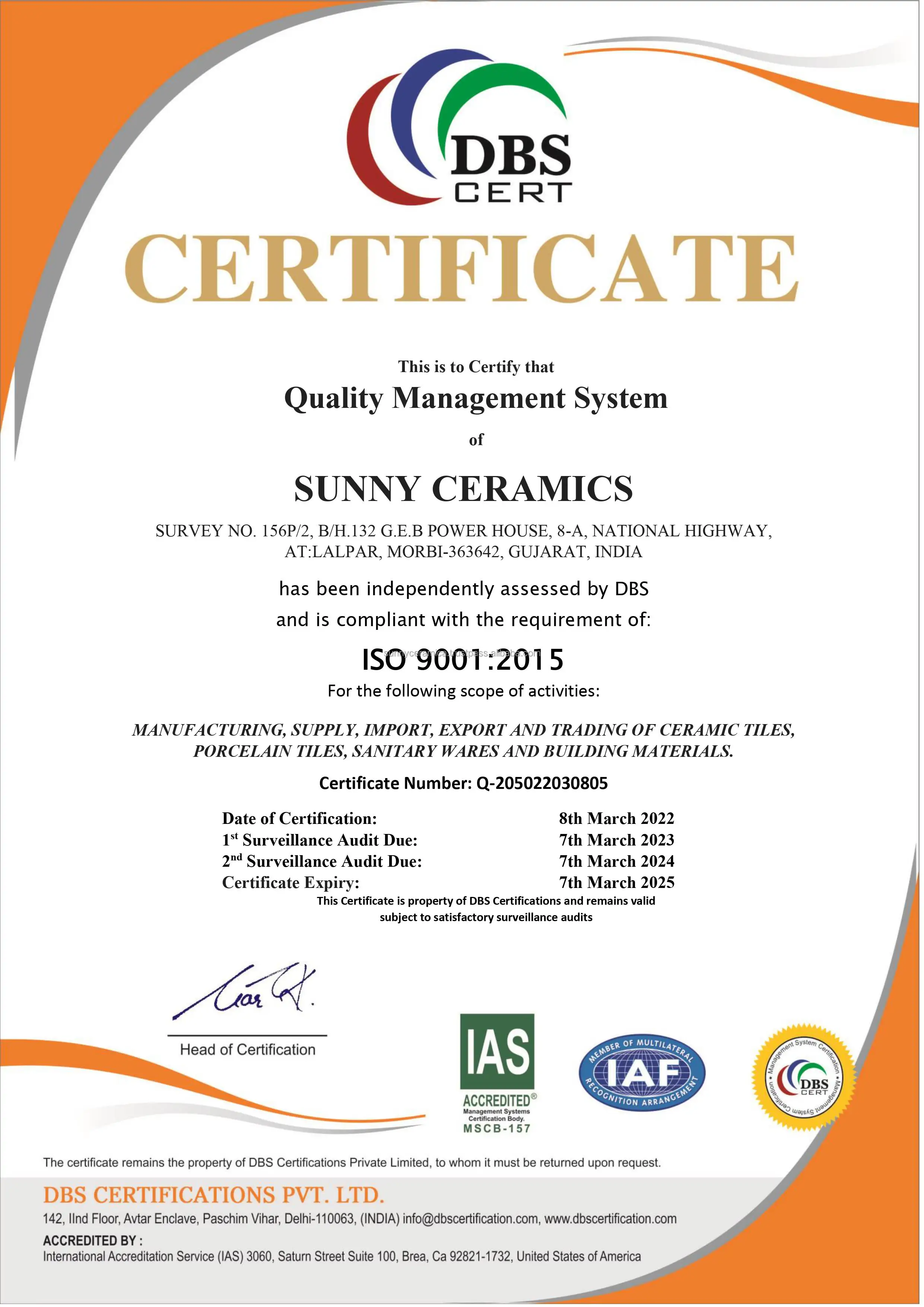 Certificate of quality. Certificate ISO India. ISO 9001:2015 Cert. No: QMS-0108/A.