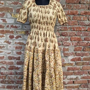 Hand Block Printed Summer Dress| Cotton Dress| Floral Print| Handmade Square Neck Puff Sleeve Floral Print Long Maxi Dress