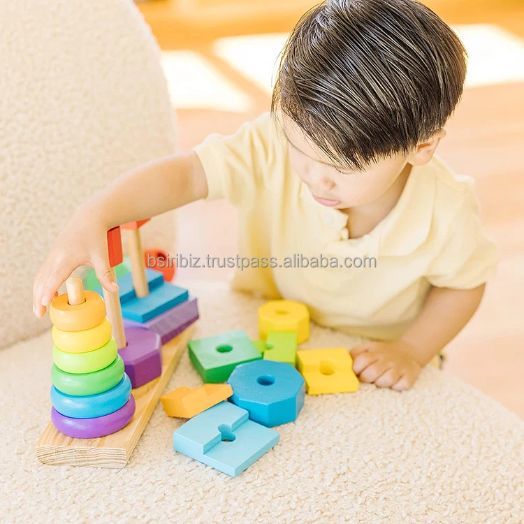 Shape Sorter and Stacking Toy Geometric Stacker Wooden Educational Toy for Babies Toddlers and Kids at Reasonable Price