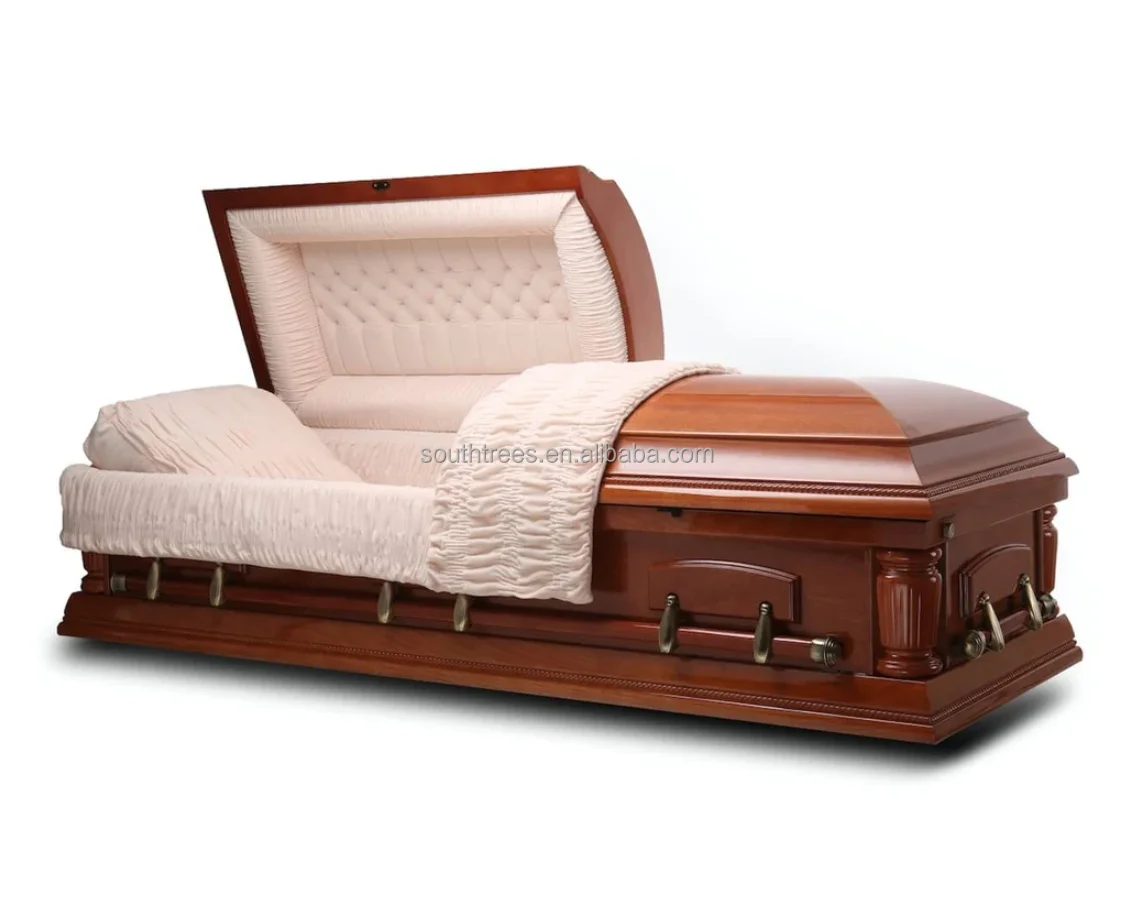 Funeral Supplier Classic Walnut Wood Casket With Beige Velvet Interior